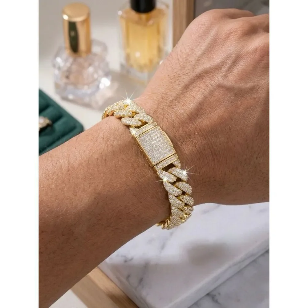 Luxury Gold Vermeil Moissanite Iced Out Cuban Link Bracelet 8